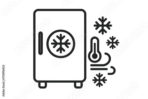 Cold storage line icon. Freezer, refrigerator for cold chain logistics and food preservation. Industrial freezing warehouse temperature control. Vector for cryo and perishable goods.
