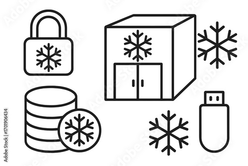 Cold storage vector icon set for cryptocurrency data security. Offline backup, hardware wallet, archive database. Digital asset protection concept. Linear pictogram symbols.