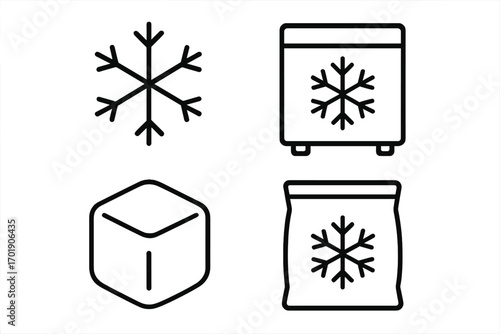 Cold storage icon set. Freezer, ice cube, snowflake, frozen food bag outline symbols. Vector for refrigeration, cooling, grocery product packaging and temperature warning signs.