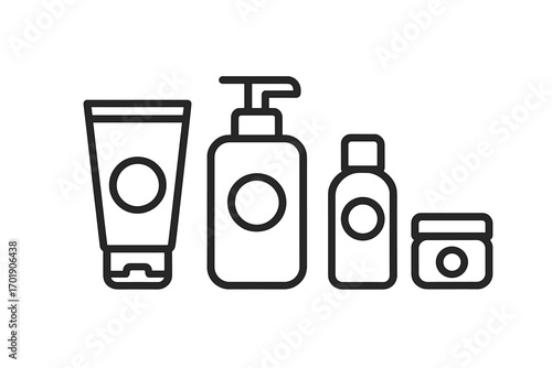 Cosmetic bottle icon set. Skincare product package template. Line art vector illustration for beauty, spa, salon. Cream tube, lotion dispenser, serum bottle, jar mockup.