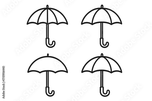 Set of umbrella, parasol, bumbershoot icons for graphic design, websites, cards, books, articles, vector cartoon illustrations, transparent background, ordered collection, weather protection symbols