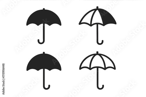 Umbrella icon set vector, parasol bumbershoot silhouette collection, protection rain sun, weather symbol design, graphic elements for web, cards, books, articles, flat style illustrations
