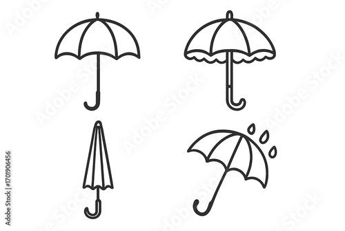 Umbrella and parasol icons set, bumbershoot vector illustrations for graphics, design, books, adverts, apps, weather protection symbols, cartoon style, transparent background