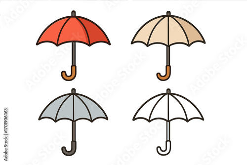 Set of four colorful umbrella icons vector illustration, parasol and bumbershoot line art, rain protection concept, cartoon style graphics for design and app use, transparent background