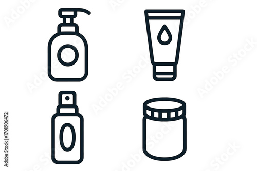 Cosmetic and beauty product line icon set. Skincare container symbols including lotion pump, cream tube, spray bottle, and jar. Vector graphics for packaging design, hygiene.