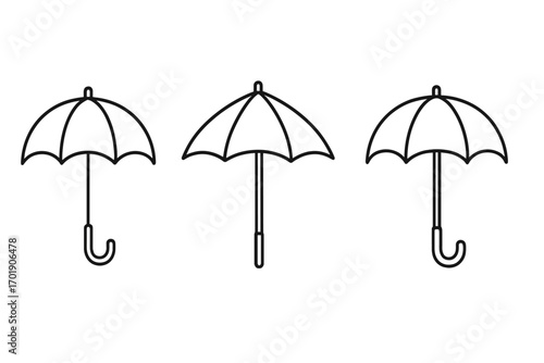 Umbrella and parasol line icons set. Vector bumbershoot linear signs for graphic design, web sites, cards, books, articles, weather protection symbols, black outline illustration