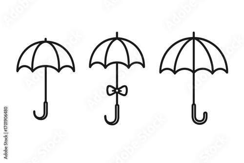 Umbrella icon set with parasol and bumbershoot symbols, linear style vector illustration for graphic design, websites, cards, books, articles, editable outline art