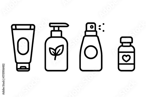 Cosmetic bottle icon set. Vector line art illustration of beauty products. Skincare container collection. Cream tube, lotion pump, spray, and serum bottle. Minimalist design.