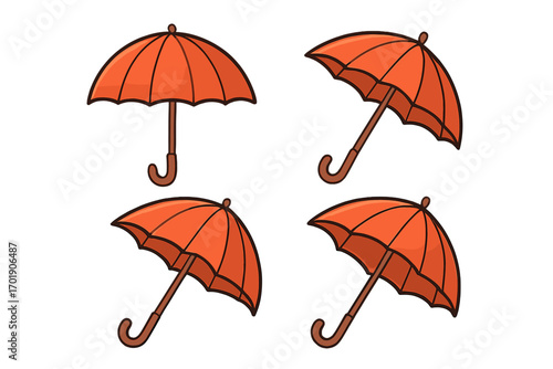 Orange umbrella vector icons set, parasol bumbershoot cartoon illustrations with transparent background, rain protection, weather accessories, graphics and design elements for apps, books, adverts