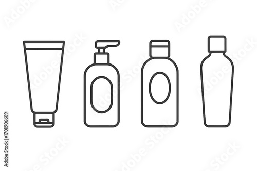 Cosmetic bottle line icon set. Skincare packaging. Beauty product container. Shampoo, gel, lotion, cream tube, soap dispenser. Minimal outline vector illustration. Hygiene.