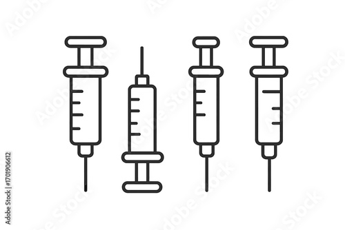 Set of syringe outline vector illustrations for medical, healthcare, injection, vaccination, needle, vaccine, immunization, injection tool, syringe icons, transparent background