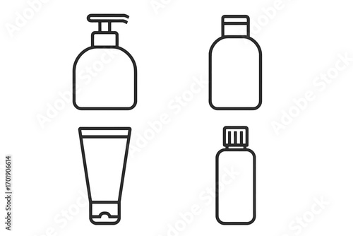 Cosmetic bottle line icon set. Skincare packaging collection. Shampoo, soap dispenser, cream tube, lotion container symbols. Beauty product outline pictograms. Simple vector.
