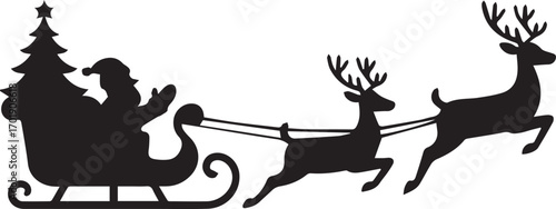 Silhouette of santa claus in a sleigh pulled by reindeer with christmas tree
