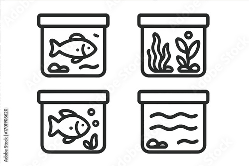 Aquarium icon set. Fish tank with fish, water, and aquatic plants. Minimalistic line art pictogram collection for web design, apps, UI, UX. Pet shop or sea life symbol.