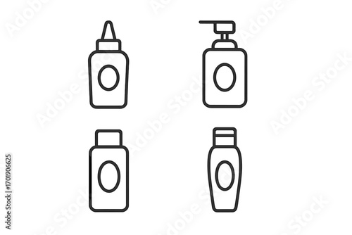 Cosmetic bottle line icon set. Soap pump dispenser, shampoo, cream tube, and lotion containers. Minimalist outline vector symbols for beauty, skincare, hygiene concepts.