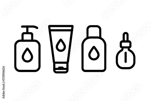 Cosmetic bottle icon set. Line art collection of pump dispenser, cream tube, serum dropper, shampoo container. Skincare beauty product packaging symbol. Vector illustration.