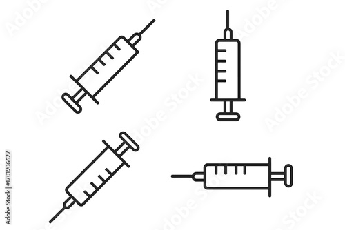 Syringe outline simple linear icons set. Medical injection tool collection, editable stroke, vector cartoon illustration for healthcare, vaccination, medicine, apps, and websites.