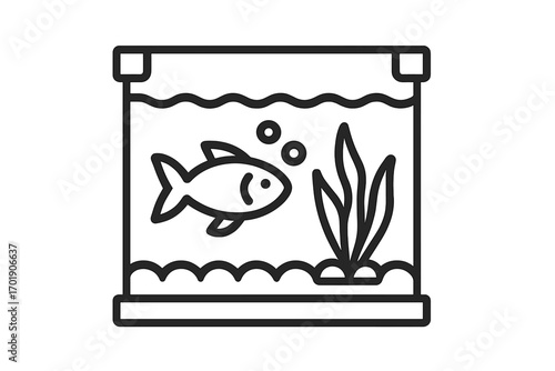 Aquarium line icon with a fish and aquatic plant. Vector illustration for pet shop, web design, or apps. Fishkeeping hobby concept. Simple fish tank pictogram. Marine life symbol.