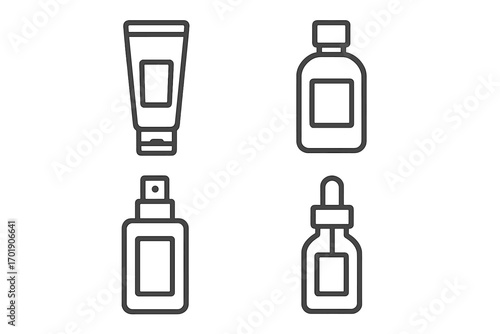 Cosmetic bottle icon set. Skincare packaging collection. Cream tube, lotion, spray, serum dropper. Beauty product container. Minimalistic thin line art vector for web design.