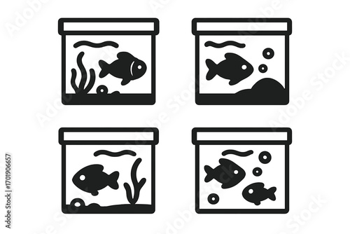 Aquarium icon set for web and graphic design. Minimalistic fish tank pictogram collection. Simple flat vector illustration of pet fish in water with bubbles and seaweed.