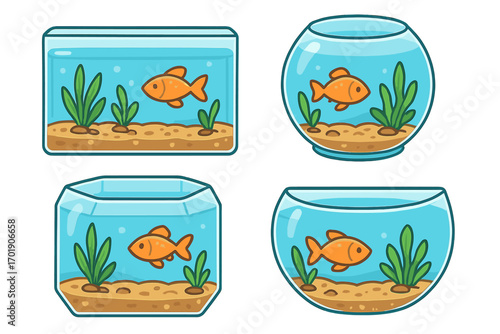 Set of cartoon aquariums. Goldfish in a fishbowl. Fish tank vector illustration collection. Different shapes of glass aquariums. Pet fish icon symbol for web. Aquatic.
