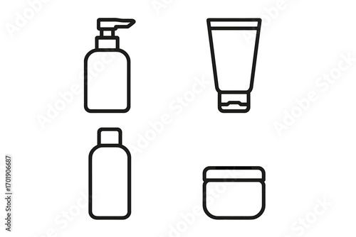 Cosmetic bottle outline icon set. Vector line art of skincare packaging. Pump dispenser, tube, and jar for shampoo, lotion, cream. Beauty product container symbols.