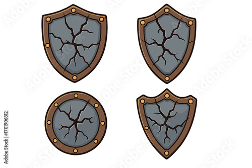Cracked shield vector set. Broken stone shields cartoon illustration. Medieval fantasy game asset icon for knight or warrior. Damaged defense and protection symbol.
