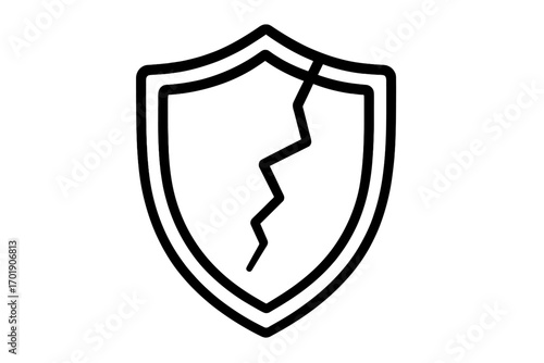 Broken shield icon vector. Cracked guard symbol of vulnerability and risk. Security failure concept. Unsafe, unprotected, and damaged defense sign for web interface design.