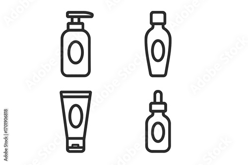 Cosmetic containers line icon set. Beauty product packaging vector illustration. Skincare collection with pump dispenser, lotion cream tube, shampoo bottle, serum dropper.