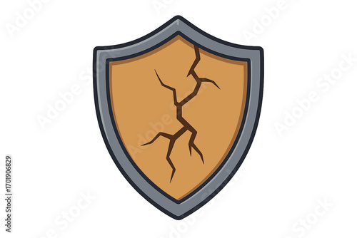 Cracked shield icon. Metaphor for broken defense, security failure, and vulnerability. Concept of data breach, risk, and danger. Vector illustration for web, apps.