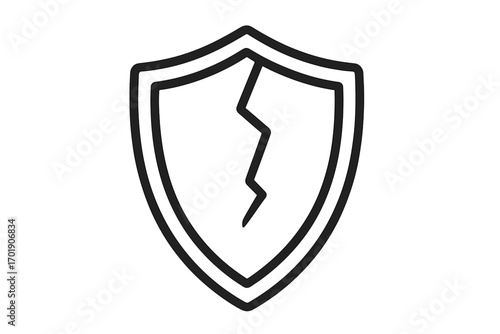 Cracked shield line icon. Metaphor for vulnerability, data breach, and failed protection. Broken defense symbol for cybersecurity risk, system error, or danger concept.