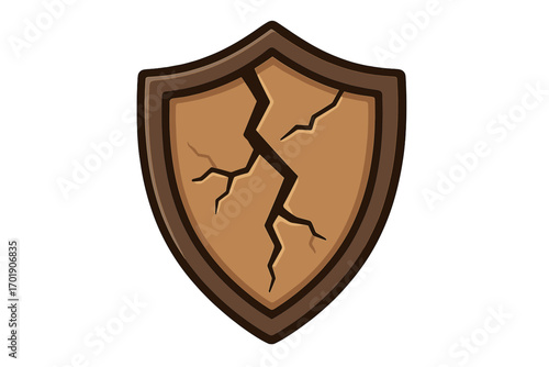 Cracked shield vector icon. Concept of vulnerability, risk, and broken defense. Security failure and data breach metaphor. Damaged protection symbol for web and apps.