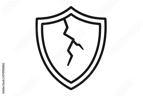 Broken shield icon. Security breach concept. Vulnerability, risk, and danger metaphor. Damaged defense. Cyber attack symbol. Failure sign. Unprotected, unsafe. Vector line.