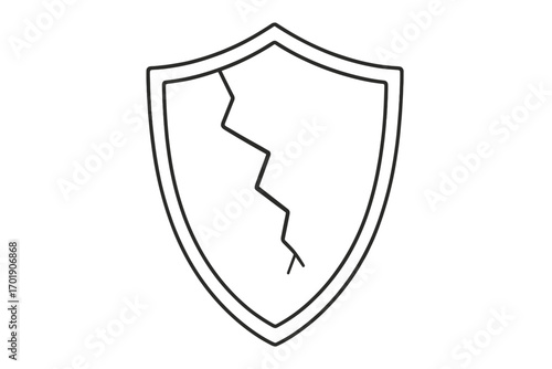 Cracked shield line icon. Concept of vulnerability, risk, and failure. Metaphor for compromised security, data breach, or broken protection. Unprotected and insecure symbol.
