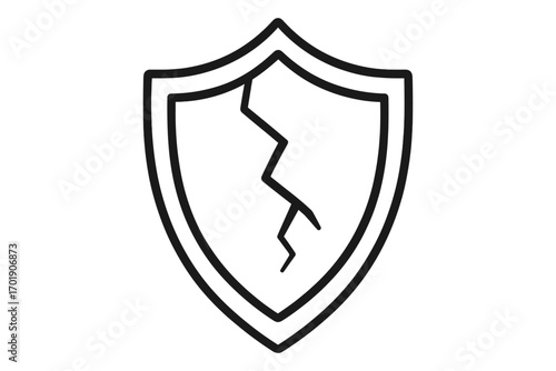 Cracked shield icon of failed security. Broken defense symbol for vulnerability, risk, data breach. Unsafe, insecure, unprotected concept. Damaged guard cartoon vector.