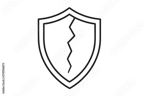 Cracked shield icon. Broken protection and safety metaphor. Vulnerable security symbol. Data breach and cyber attack concept. Unsafe, risk, and failure linear vector sign.