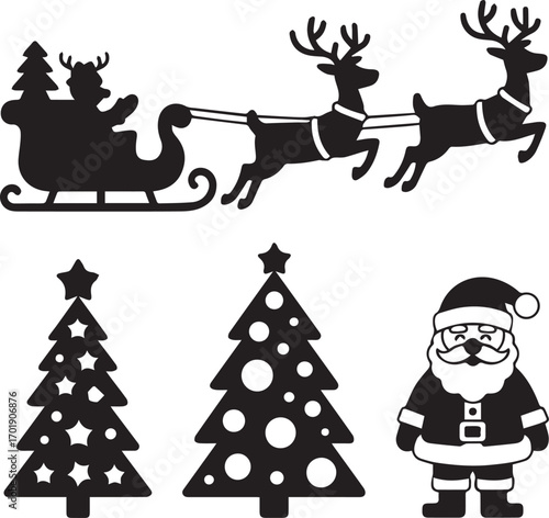 Silhouette of santa claus in sleigh with reindeer and christmas trees for holiday season