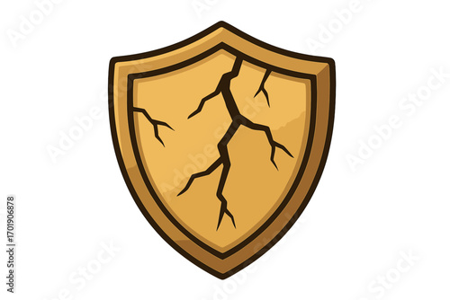 Cracked shield icon vector. Broken defense and security concept. Symbol of vulnerability, risk, damage, and failure. Damaged protection cartoon illustration for web and apps.