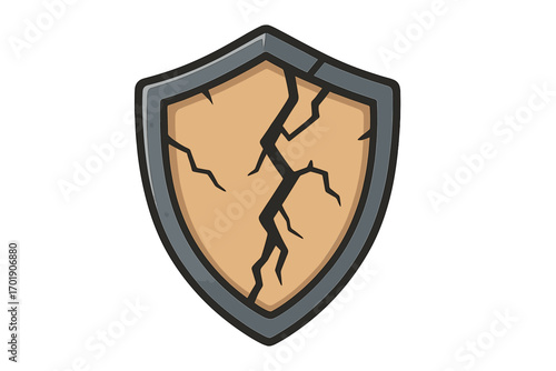 Broken shield icon. Metaphor for vulnerability, data breach, and failed security. Cracked defense symbol. Vector illustration for concepts of risk, damage, and weak protection.