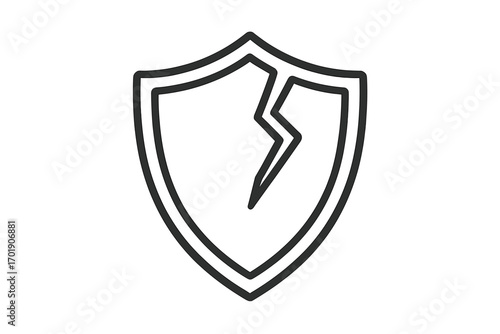 Cracked shield line icon for graphic design. Broken security concept. Symbol of vulnerability, data breach, risk, danger and weak protection. Unsafe business metaphor vector.