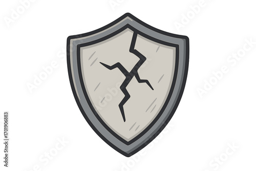 Cracked shield icon showing vulnerability and failed protection. Concept of security breach, risk, and danger. Broken defense symbol for web and apps. Vector illustration.