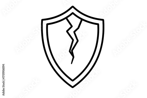 Cracked shield linear icon for graphic designs. Metaphor for vulnerability, data breach, failed security. Broken defense symbol. Vector for risk, danger, and attack concepts.