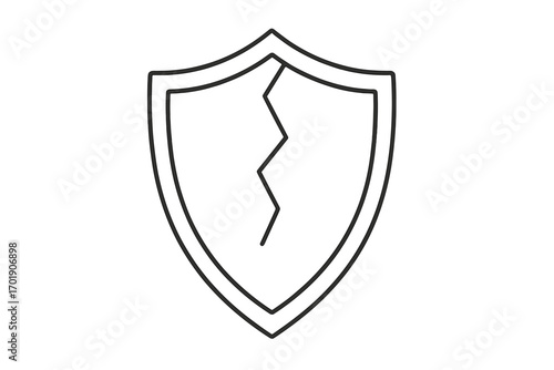 Cracked shield linear icon. Broken security symbol. Concept of vulnerability, risk, failed protection, data breach. Unsafe, insecure, damaged defense vector illustration.