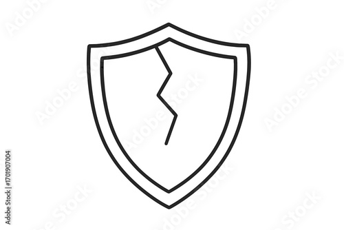 Cracked shield line icon. Broken protection and insecure defense concept. Symbol of vulnerability, risk, failure, data breach, and damage. Unsafe security metaphor vector.