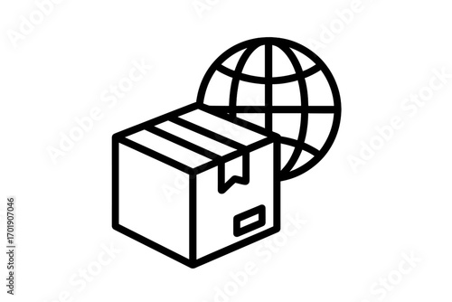 Global delivery icon. International shipping and worldwide logistics concept. Earth globe with parcel box. World trade, transport, and freight symbol for web and apps.