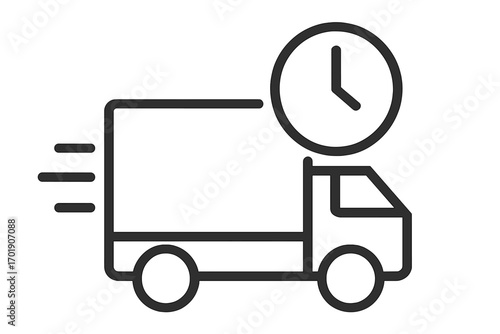 Fast delivery truck with clock icon. Express shipping service symbol. On-time delivery, logistics and transport concept. 24 hour service. Vector line art illustration.
