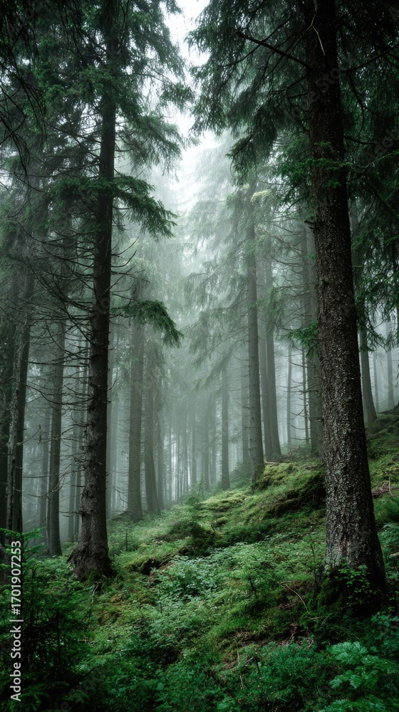 Obraz premium Foggy forest with tall trees