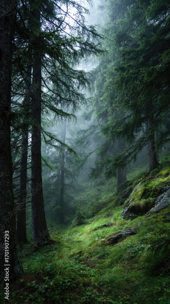 Fototapeta premium Misty forest pathway surrounded by tall trees
