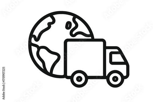 Worldwide shipping and global delivery service concept. International freight and cargo transportation logistics icon. Earth globe and delivery truck vector outline symbol.