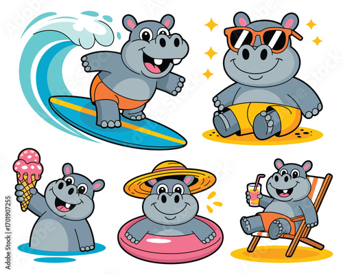 Cute cartoon hippos enjoying summer vacation activities at the beach